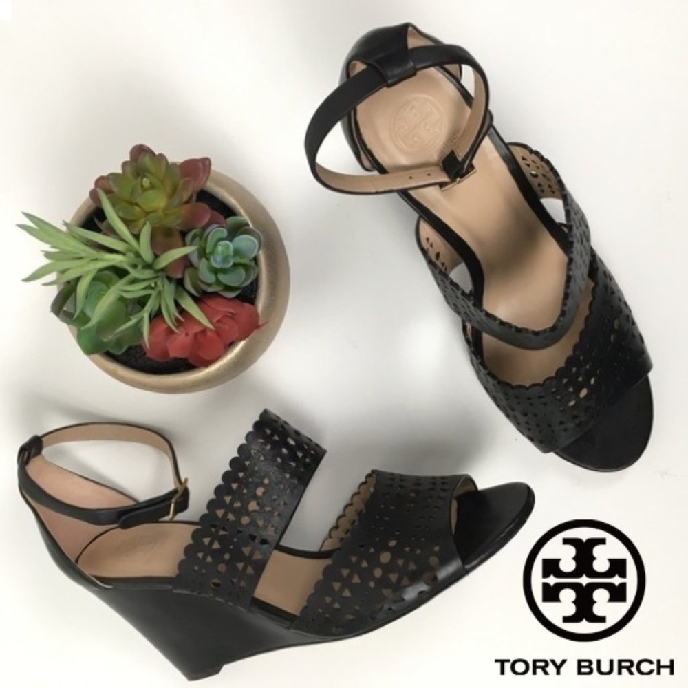 SOLD - Tory Burch Black Perforated Sandal Heels